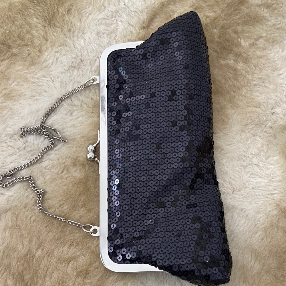 LOFT Black Sequin Clutch with Chain
